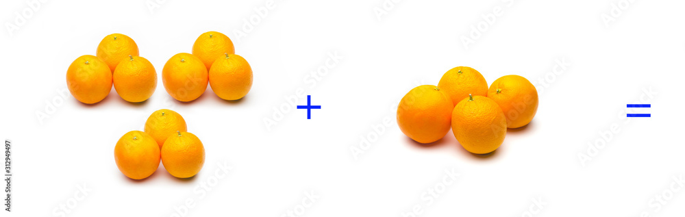 Sencilla operación matemática de suma; cálculo matemático con naranjas Sencilla operación matemática de suma; cálculo matemático con naranjas