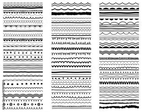 Abstract black, white wavy calligraphic patterns, hand drawn borders, decorative design elemenis. Ornaments, brushes, greeting symbols, icons set. Festive border, pattern collection. 