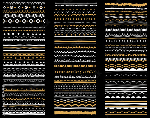 Geometric patterns, calligraphic borders, hand lettered decorative design elements. Festive ornaments, brushes, brush strokes, dividers, greeting symbols set. Hand drawn border, pattern, icon set. 