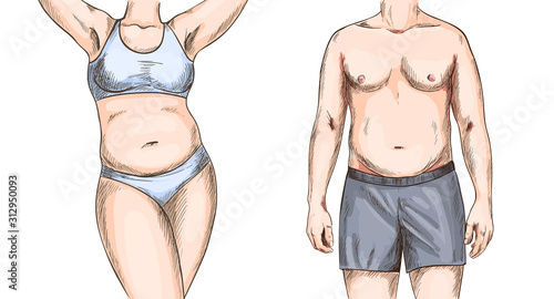Overweight couple, man and woman torso, full color