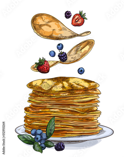 Pancakes and berries falling on the stack 