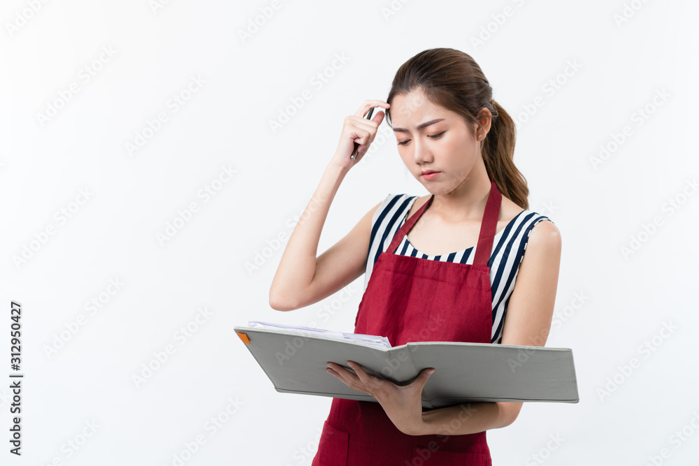 Young Asian woman small cafe owner feeling frustrated with accounting, stocking, business plan or business management isolate with white background, concept small business owner, young confident woman Young Asian woman small cafe owner feeling frustrated with accounting, stocking, business plan or business management isolate with white background, concept small business owner, young confident woman