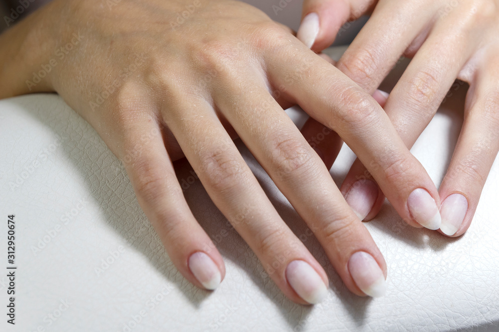 Naklejka premium Hands of a client with manicure before applying a gel base close-up.