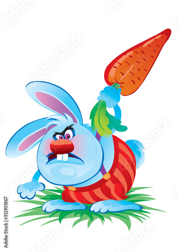 blue angry rabbit beats big carrot on the ground and is very angry, vector illustration