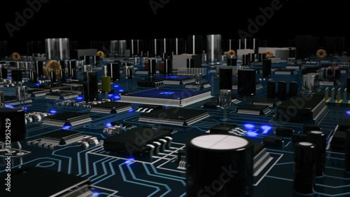 Flying over a futuristic circuit board with moving electrons ending on the CPU. Blue. Technology background. This video is loopable from frame 588 to 851. More options in my portfolio.