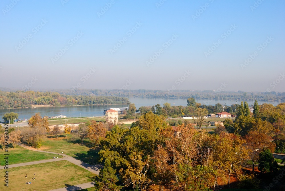 The confluence of the Sava River into the Danube seen Kalemegdan Park and Fortress in Belgrade, Serbia