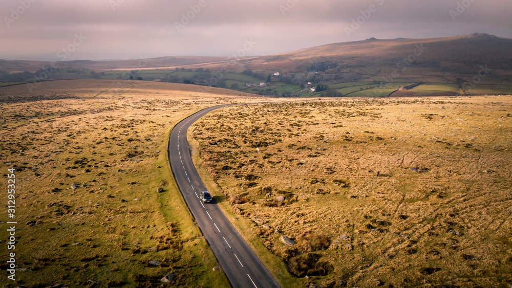 Aerial view of beautiful scenic road in Dartmoor National Park, south west England, UK