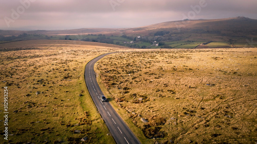 Aerial view of beautiful scenic road in Dartmoor National Park, south west England, UK photo