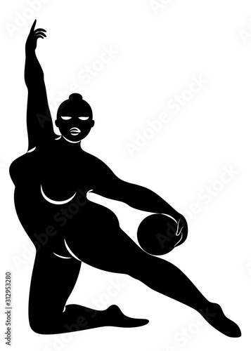 Gymnastics Silhouette of a girl with a ball. The woman is overweight, a large body. The girl is a full figure. Vector illustration