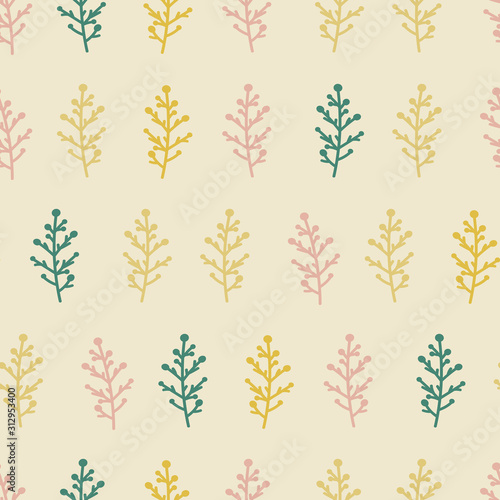 Seamless pattern with green  yellow and pink branches  plants. Cartoon kids vector background.