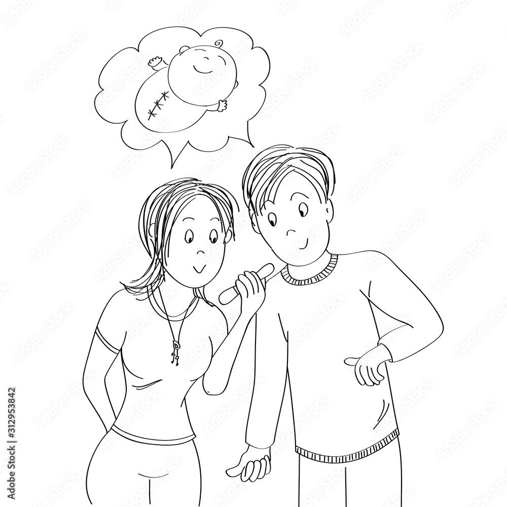 Happy young couple looking at the positive pregnancy test, imagining their newborn baby - original hand drawn illustration Happy young couple looking at the positive pregnancy test, imagining their newborn baby - original hand drawn illustration