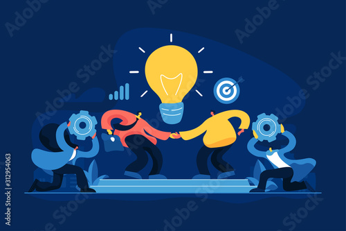 Brands partnership. Business success. Marketing strategy. Working team collaboration, enterprise cooperation, colleagues mutual assistance concept. Vector isolated concept creative illustration.