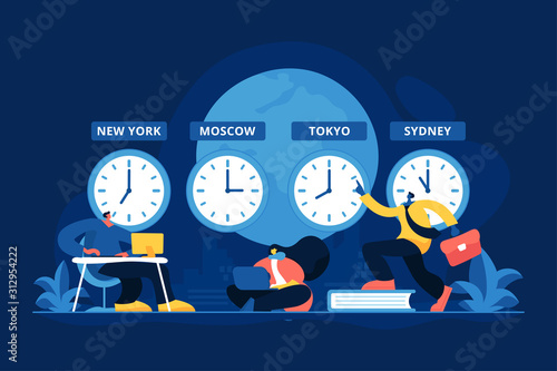 Worldwide business, international company branches. Clocks showing local timezone. Time zones, international time, world business time concept. Vector isolated concept creative illustration photo