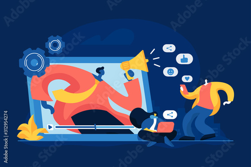 Social media marketing, digital promo campaign. SMM strategy. Like comment share giveaway, social networks promotion, like farming concept. Vector isolated concept creative illustration