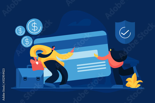Credit card security, protecting financial savings. Monthly pay, salary, budget. Personal bank account, savings bank deposit, fixed rate loan concept. Vector isolated concept creative illustration