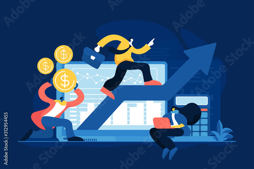 Stock trading, income growth. ROI, investment increasing. Business profits calculation. Demand planning, demand analytics, digital sales forecast concept. Vector isolated concept creative illustration
