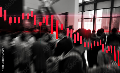 stock technical chart in bearish market and candlestick price down with blurred business people on background, stock exchange panic sell concept