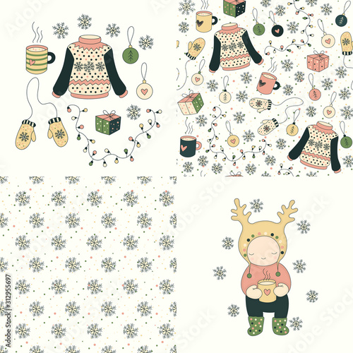 Set of cozy Christmas seamless patterns and objects - sweaters, mittens, snowflakes, gifts, xmas decoration and mugs of tea. Cartoon illustration with character in raindeer hat. Vector.