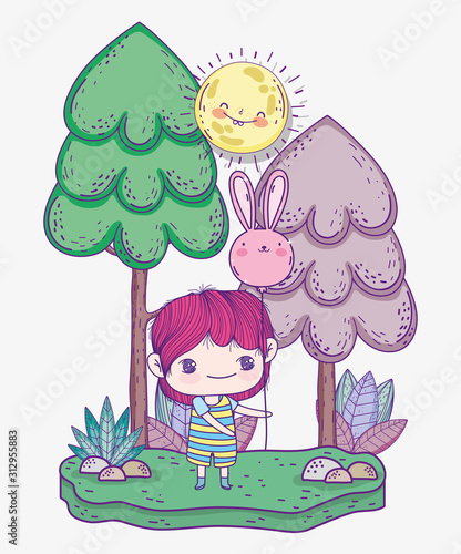 kids, cute little boy hoding balloon shaped rabbit in the landscape