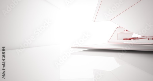 Abstract drawing architectural white interior of a minimalist house with swimming pool and window. 3D illustration and rendering.