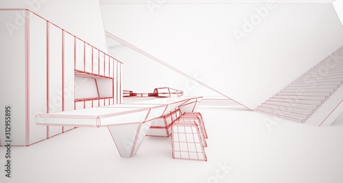 Abstract drawing architectural white interior of a minimalist house with swimming pool and window. 3D illustration and rendering.