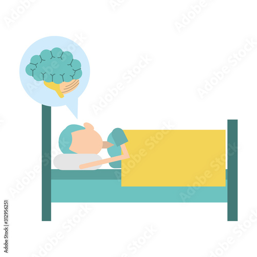 man sleeping on bed and speech bubble with brain icon
