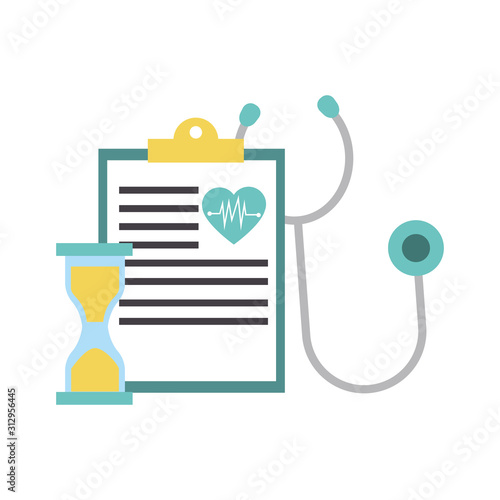 medical report, stethoscope and hourglass
