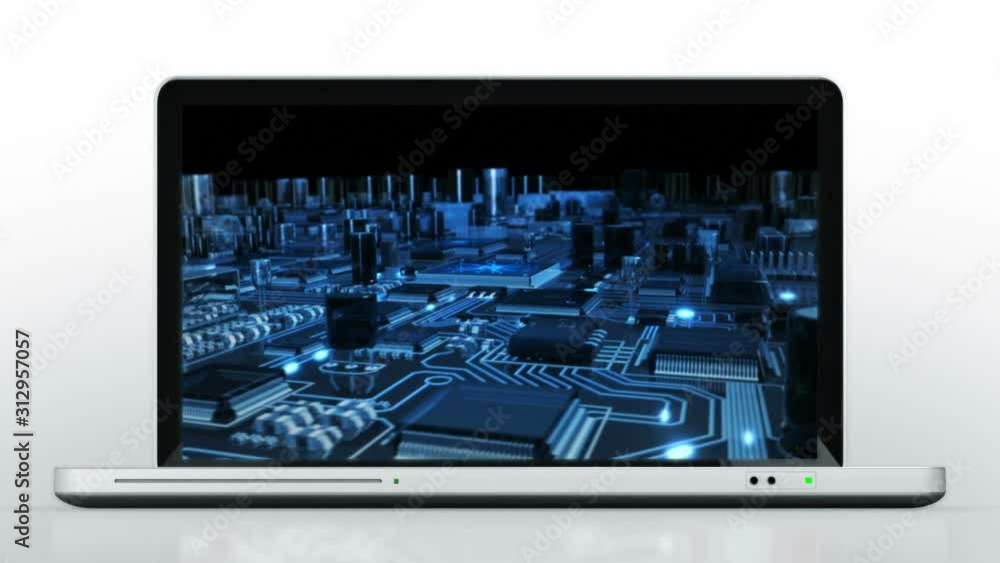 Laptop animation. Opening. Circuit board video on the screen. Highly ...