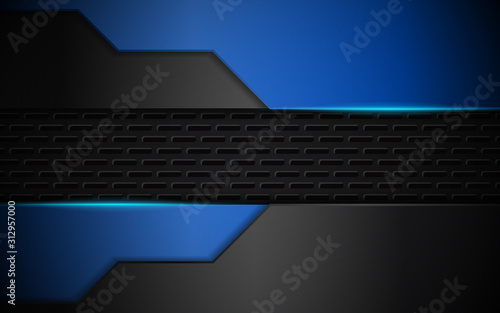 Abstract metallic blue and black shapes innovation technology background concept with triangle and light composition. Vector design template for use element cover, banner, wallpaper, presentation