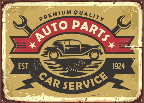 Auto parts and car service old vintage sign with Oldsmobile on gold metal background. Retro signboard for transportation industry. Vector illustration. photo