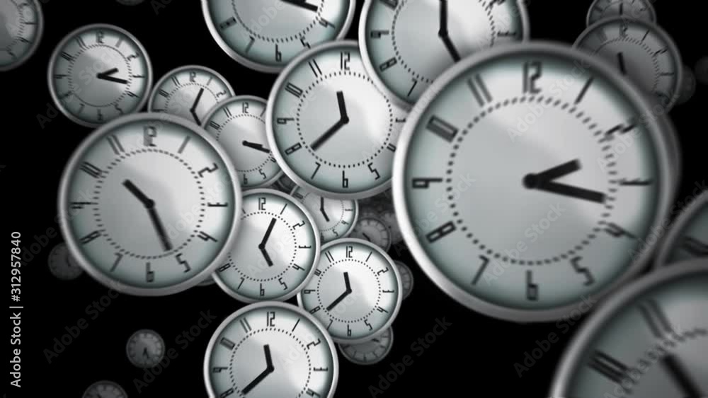 White clocks flying symbolizing the passing of time. Loopable. Alpha ...
