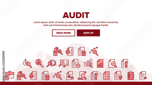 Audit Finance Report Landing Web Page Header Banner Template Vector. Financial Audit Document File, Bag With Money, Calculator And Cash Register Illustration