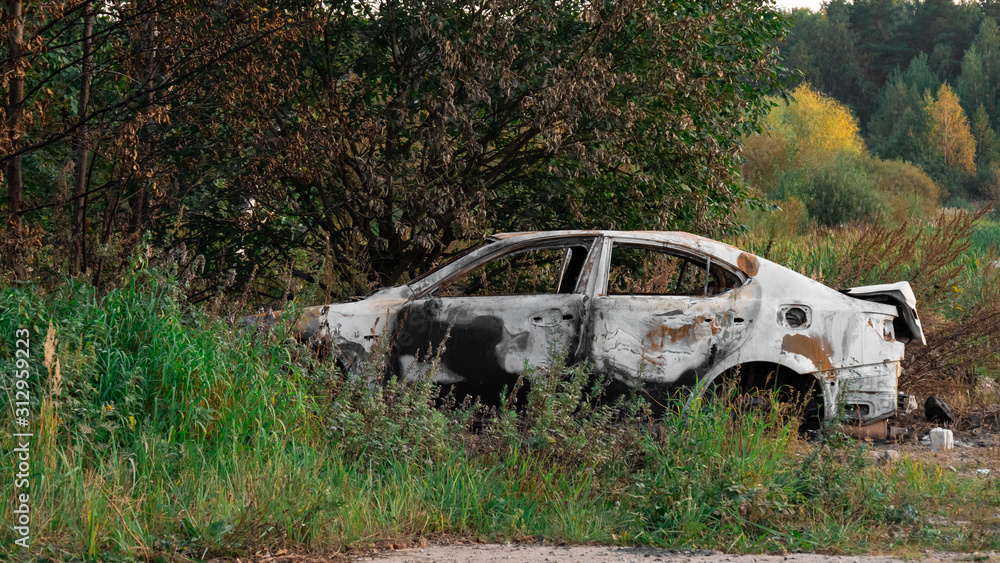 Burnt, Burnt out, Wrecked car. The car after the fire. Burnt and rusty car frame after a fire near the city in the field. Engine Burned. Traffic accident and vandalism concept.Abandoned car. Burnt, Burnt out, Wrecked car. The car after the fire. Burnt and rusty car frame after a fire near the city in the field. Engine Burned. Traffic accident and vandalism concept.Abandoned car.