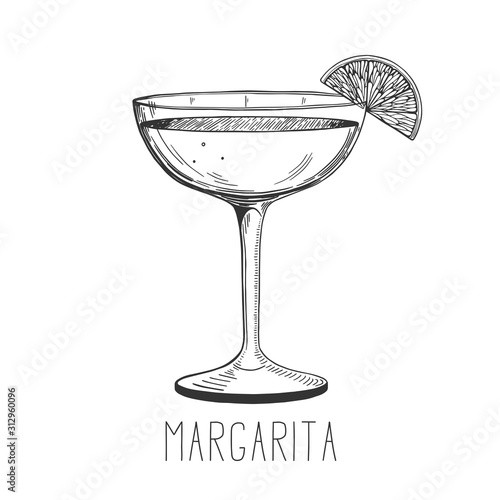 Alcoholic cocktail - margarita with lime isolated on white background. Hand-drawn vector illustration