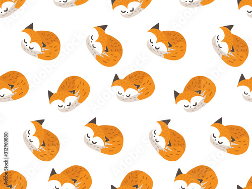 Little cute foxes sleep on a white background. Seamless endless pattern. Animalistic print, background, creative template for your design. Hand vector illustration. © Diana  Sityaeva 