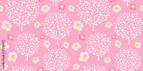 Vector seamless pattern with cherry trees and Sakura flowers on pastel pink background. Floral abstract print with blossoms. Hand drawn vector   illustration.