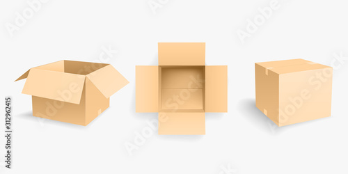 Three Yellow Opened Cardboard Box Mockup Vector Illustration Isolated on White Background © tutti_frutti