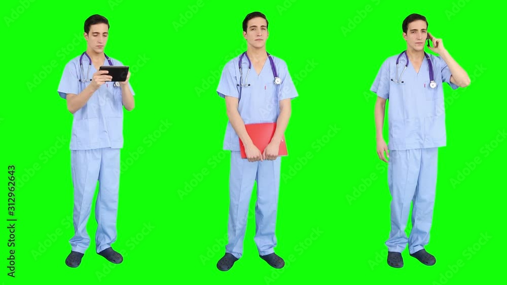Young male surgeon spinning in green background. 3 in 1. Working on a digital tablet, talking on the phone and posing. More options in my portfolio. Young male surgeon spinning in green background. 3 in 1. Working on a digital tablet, talking on the phone and posing. More options in my portfolio.
