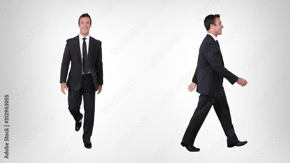 Businessman walking. Alpha matte. 2 in 1. Lateral and frontal view. Businessman walking. Alpha matte. 2 in 1. Lateral and frontal view.