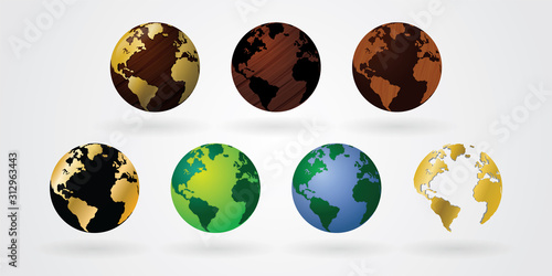 Set of earth globe in various style: gold, wood, green & blue. Vector illustration.