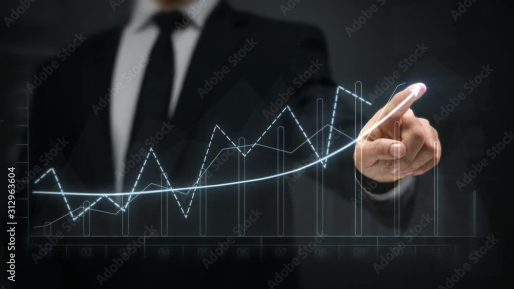 Businessman drawing an ascending financial chart. Touchscreen. 2 colors in 1 file. Blue and green. Businessman drawing a bright arrow showing increasing profits in a financial chart. Business success.