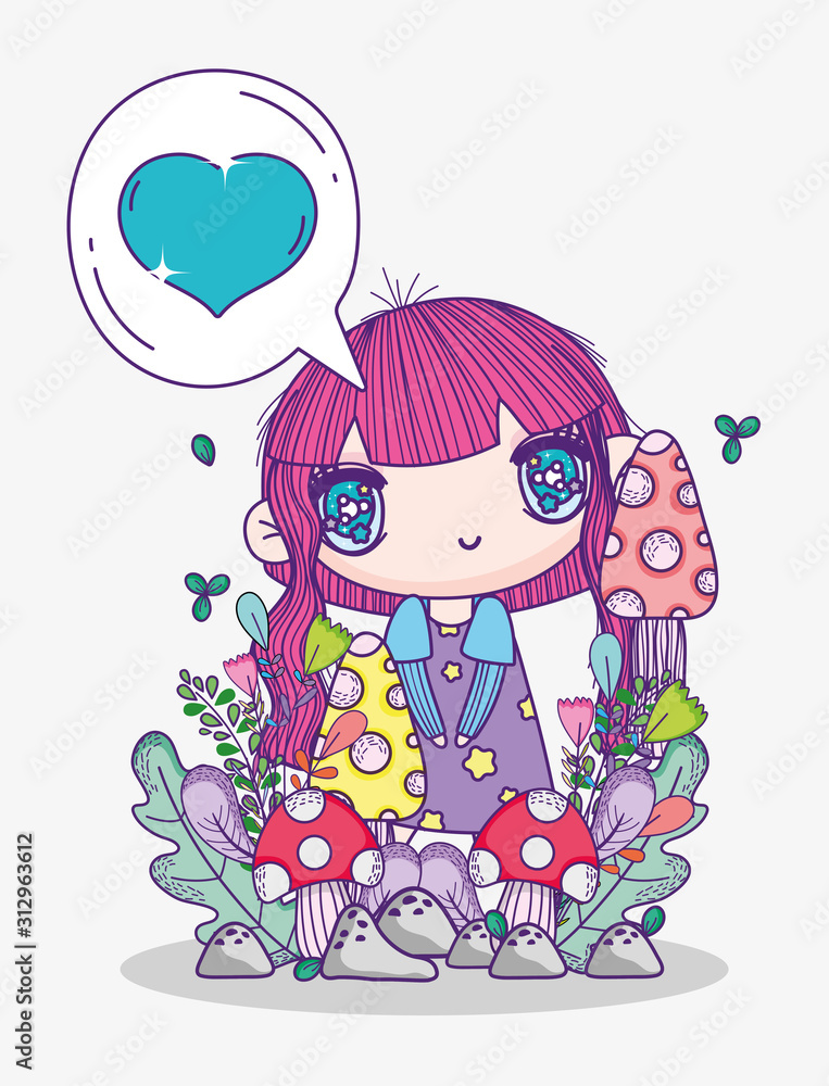 kids, little girl anime cartoon in love chat bubble flowers foliage decoration kids, little girl anime cartoon in love chat bubble flowers foliage decoration