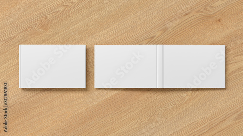 Blank white horizontal closed and open and upside down book cover on wooden background isolated with clipping path around cover. 3d illustration