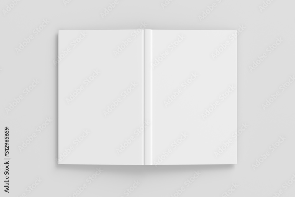 Blank white vertical open and upside down book cover on white background isolated with clipping path around cover. 3d illustration