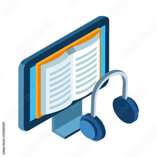 headphones and computer with book on screen
