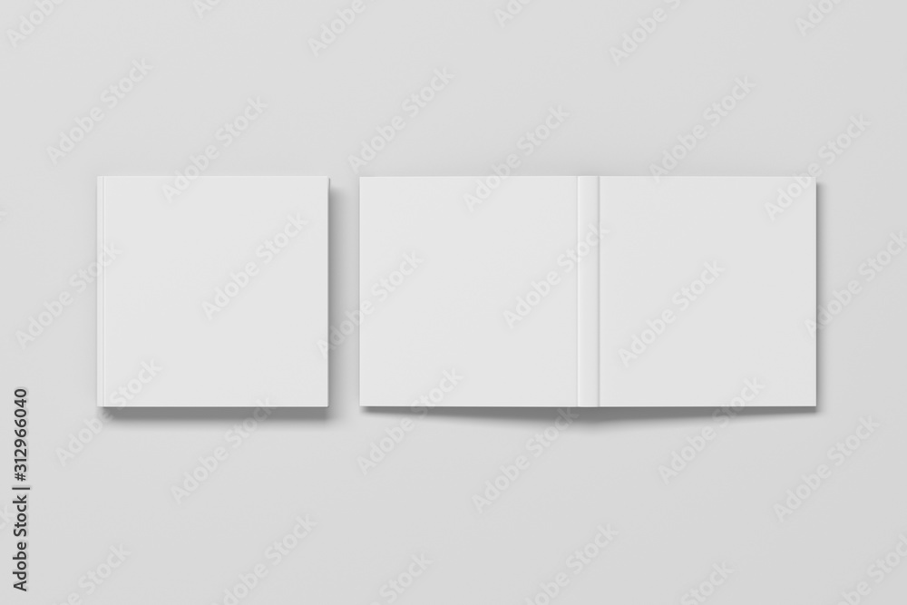 Blank white square closed and open and upside down book cover on white background isolated with clipping path around cover. 3d illustration Blank white square closed and open and upside down book cover on white background isolated with clipping path around cover. 3d illustration