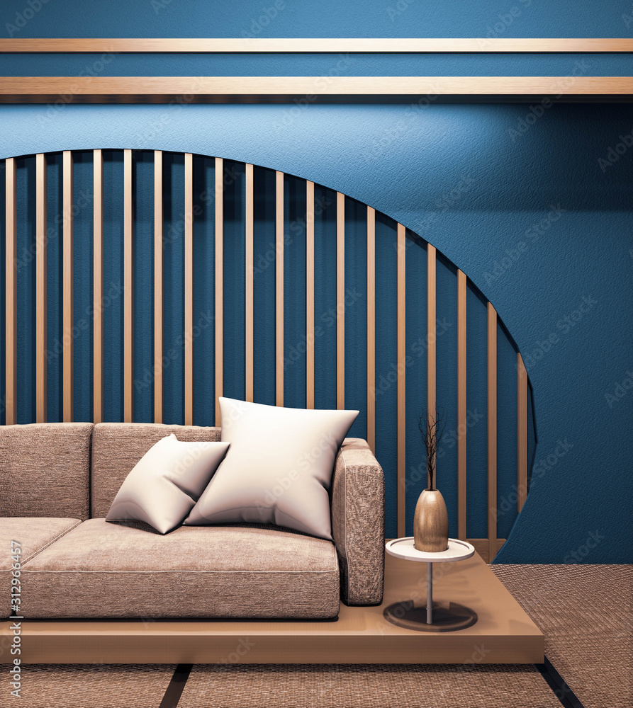 Modern dark blue japanese room interior with wooden low sofa on window  paper zen design .3D rednering ilustración de Stock | Adobe Stock