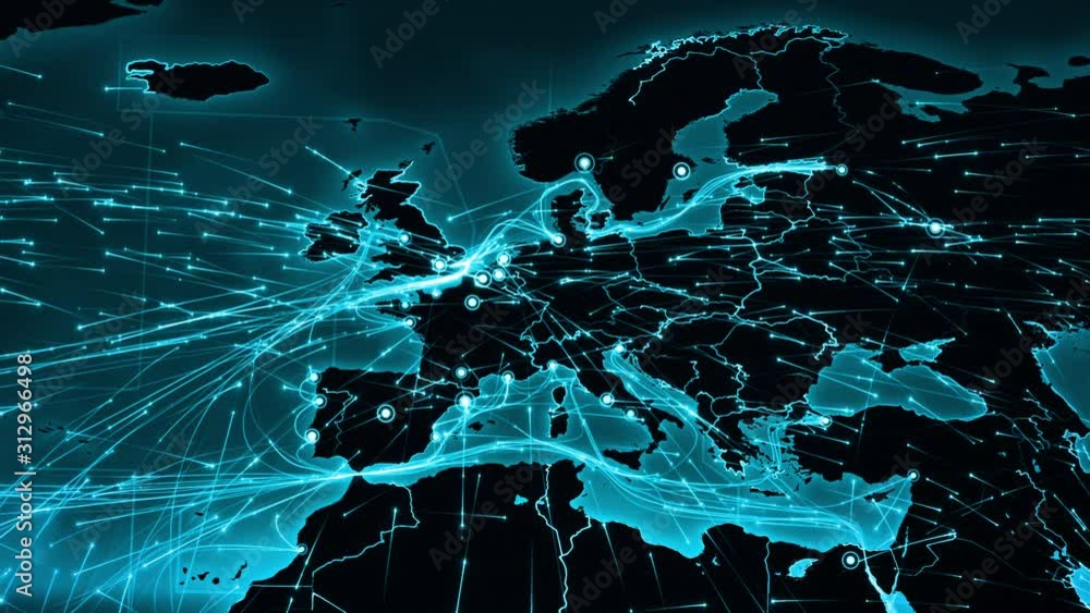 World map with connections. From Europe to Asia. Animation of the Earth with bright connections. Aerial, maritime, ground routes and country borders. Cyan. More options in my portfolio.