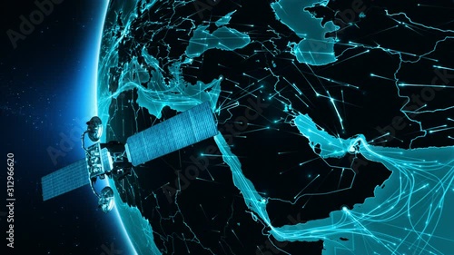 Satellite sending signals to Earth. Middle East. Animation of the Earth with bright connections and cities. Aerial, maritime, ground routes and country borders. 2 shots in 1 file. Cyan.