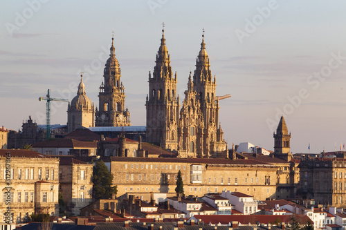 Santiago de Compostela, Spain. view of the main baroque facade of the cathedral among more buildings of Santiago de Compostela on December 6,2019